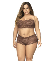 Ensemble 2 pièces en dentelle grande taille, top à bretelles et shorty couleur cacao - MAL206XCOCO